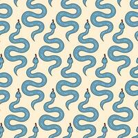 Cute doodle illustration in flat style, seamless pattern of blue poisonous snakes on a beige background, fortune telling. Witch items, witchcraft. vector