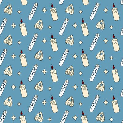 Cute doodle illustration in flat style, seamless pattern of candles, Ouija boards and dried herbs on a blue background, fortune telling. Witch items, witchcraft.