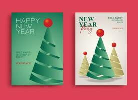 Set of Happy New Year getting the card. Elegant simple style on a bright background. Simple pine tree with red ornament. Vector illustration.