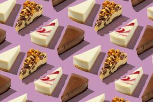 Piece slice assorted cheesecakes pattern on purple background photo
