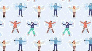 glücklich Menschen Herstellung Schnee Engel Animation Schleife Hintergrund. .Video eben Karikatur Animation Design Element. 4k Video Aufnahmen