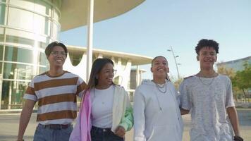 multiétnico grupo de joven contento amigos caminando abajo el calle participación cada otro afectuosamente. video