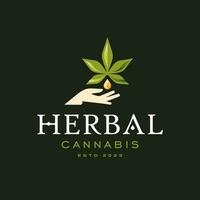 Hemp oil logo. Hand holding oil with a marijuana leaf. Medical Cannabis oil. CBD oil extract. Natural Icon product label and logo graphic template. Isolated vector illustration.