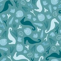 Sea life, ocean seamless pattern with underwater life objects, seahorses, corals, algae and seashells in green blue. Travel, Summer, beach, vacation repeat pattern vector