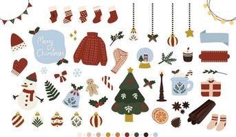 hand drawn vector flat illustration of a set of winter christmas holiday vibe sticker pack. Cute hygge motif elements doodle collection in flat style. for winter poster, card, scrapbooking, invitation