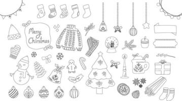 hand drawn vector flat illustration of a set of monochrome line winter christmas holiday vibe sticker pack. Elements doodle collection in flat style. for winter poster, card, scrapbooking, invitation