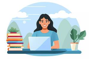 AI Generated Young woman using laptop sitting at desk. Working or learning online class concept. Flat cartoon illustration. photo