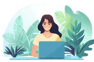 AI Generated Young woman using laptop sitting at desk. Working or learning online class concept. Flat cartoon illustration. photo