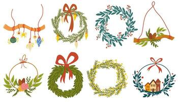 Christmas fir wreaths set. New Year Winter holiday decoration with fir branch, holly leaf and pine cones. Vector hand draw illustration