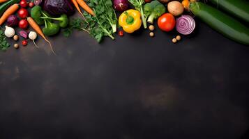 AI Generated Frame of organic food. Fresh raw vegetables on black background. Top view. Copy space. photo