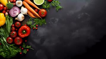 AI Generated Frame of organic food. Fresh raw vegetables on black background. Top view. Copy space. photo