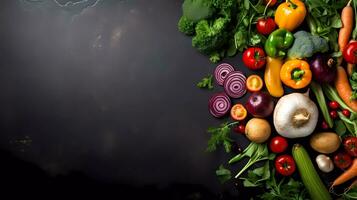 AI Generated Frame of organic food. Fresh raw vegetables on black background. Top view. Copy space. photo