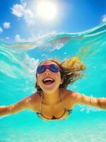 mujer nadando en piscina vacaciones. ai generado foto