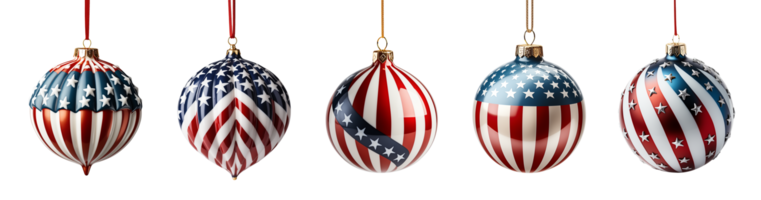 Set of Beautifully Decorative Red, White and Blue American Themed Christmas Tree Ornaments Isolated. Generative AI. png