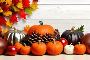 contento acción de gracias día con Turquía pájaro calabaza hojas, acción de gracias tradiciones, Turquía y cosecha para acción de gracias día. ai generado foto