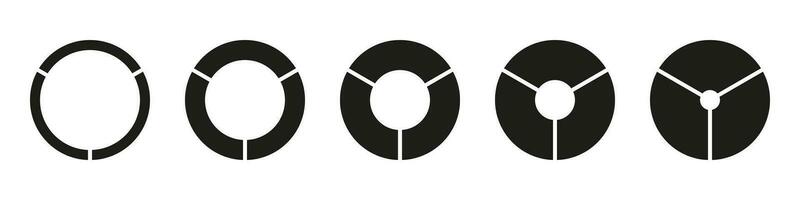 Circle section graphs. Wheels round divided, three sections. Diagrams infographic set. Pie chart icons. Donut charts or pies segmented on 3 equal parts. Geometric elements. Vector simple illustration.