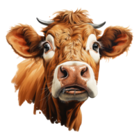 Simmental cow looks surprised with big eyes . AI Generated png