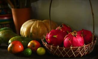 Red dragon with mix fruit, Pile of fresh and sweet dragon fruit in a green basket photo