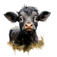 Black Angus cow looks surprised with big eyes . AI Generated png