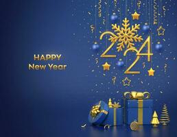 Happy New 2024 Year. Hanging golden metallic numbers 2024 with snowflake, stars and balls on blue background. Gift boxes and golden metallic pine or fir, cone shape spruce trees. Vector illustration.