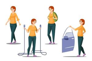 Women character in different situations. Women in various poses with EV car charger. Vector illustration.