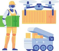 Delivery robot with drone and cardboard boxes. Delivery service concept. Social networking and online communication concept. Vector illustration