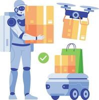 Delivery robot with drone and cardboard boxes. Delivery service concept. Social networking and online communication concept. Vector illustration