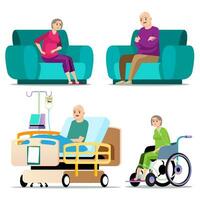 conjunto de antiguo personas en diferente situación. mayor gente, doctores y enfermeras mayor personas en enfermería hogar colocar. mayor hombre y mujer sentado en sillón, vector ilustración