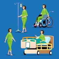 Medical rehabilitation isometric composition with doctor and patient on crutches. patient on wheelchair. Cartoon vector illustration. Vector illustration.