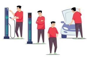 Man character in different situations. men in various poses with EV car charger. Vector illustration.