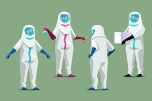 Doctor in protective suit set. Set of characters in the form of doctors in protective clothing during an epidemic of viral infection. Vector illustration