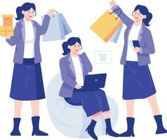 mujer con compras pantalones y computadoras portátiles en línea compras concepto. social redes y en línea comunicación concepto. vector ilustración