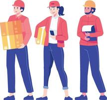 entrega hombre y mujer en uniforme con cajas en línea compras concepto. social redes y en línea comunicación concepto. vector ilustración