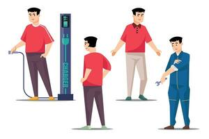 Man character in different situations. men in various poses with EV car charger. Vector illustration.