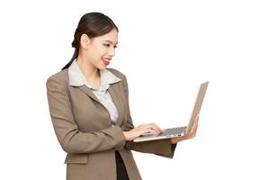 Business woman using notebook on white background photo