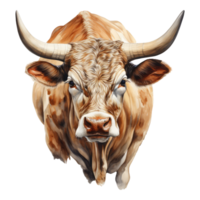 Texas Longhorn cow looks surprised with big eyes . AI Generated png