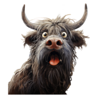Highland cow looks surprised with big eyes . AI Generated png