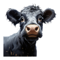 Black Angus cow looks surprised with big eyes . AI Generated png
