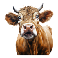 Simmental cow looks surprised with big eyes . AI Generated png