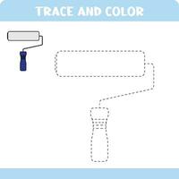 Activity page with tracing practice. Trace and color paint roller for toddlers. Educational worksheet for kids. vector