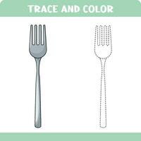 Activity page with tracing practice. Trace and color fork for preschool kids. Educational worksheet for kids. vector