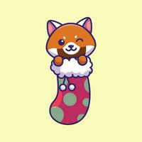 Cute red panda in christmas sock simple cartoon vector illustration christmas concept icon isolated