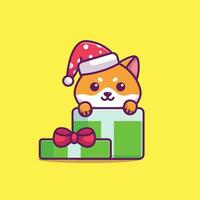 Cute shiba inu in christmas gift simple cartoon vector illustration christmas concept icon isolated