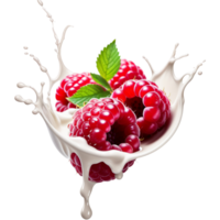 Realistic Raspberries in milk splash. AI Generative png