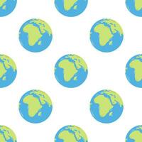 Vector seamless pattern with earth globe in green and blue colors. Planet Earth on white background. Ecology design.
