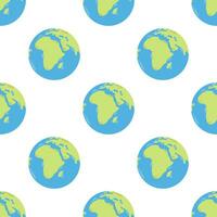 Vector seamless pattern with earth globe in green and blue colors. Planet Earth on white background. Ecology design.