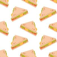 Vector seamless pattern with ham, cheese and vegetable sandwich. American fast food on white background. Print with sandwich. Wrapping paper design.