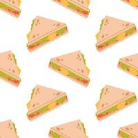 Vector seamless pattern with ham, cheese and vegetable sandwich. American fast food on white background. Print with sandwich. Wrapping paper design.