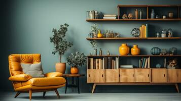 scandinavian retro interior design in bright vintage colors. AI Generative photo