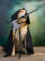 Dog dressed in a black cape with a hood and an ax in his mouth photo